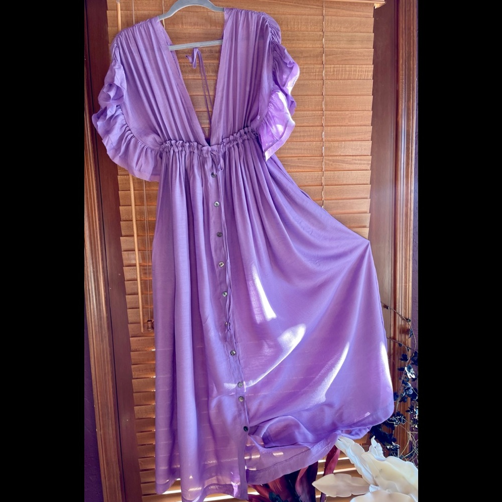 Butterfly Orchid Boho Gauze Button Front Flutter Maxi Dress W/Adjustable Tie - Picture 9 of 12